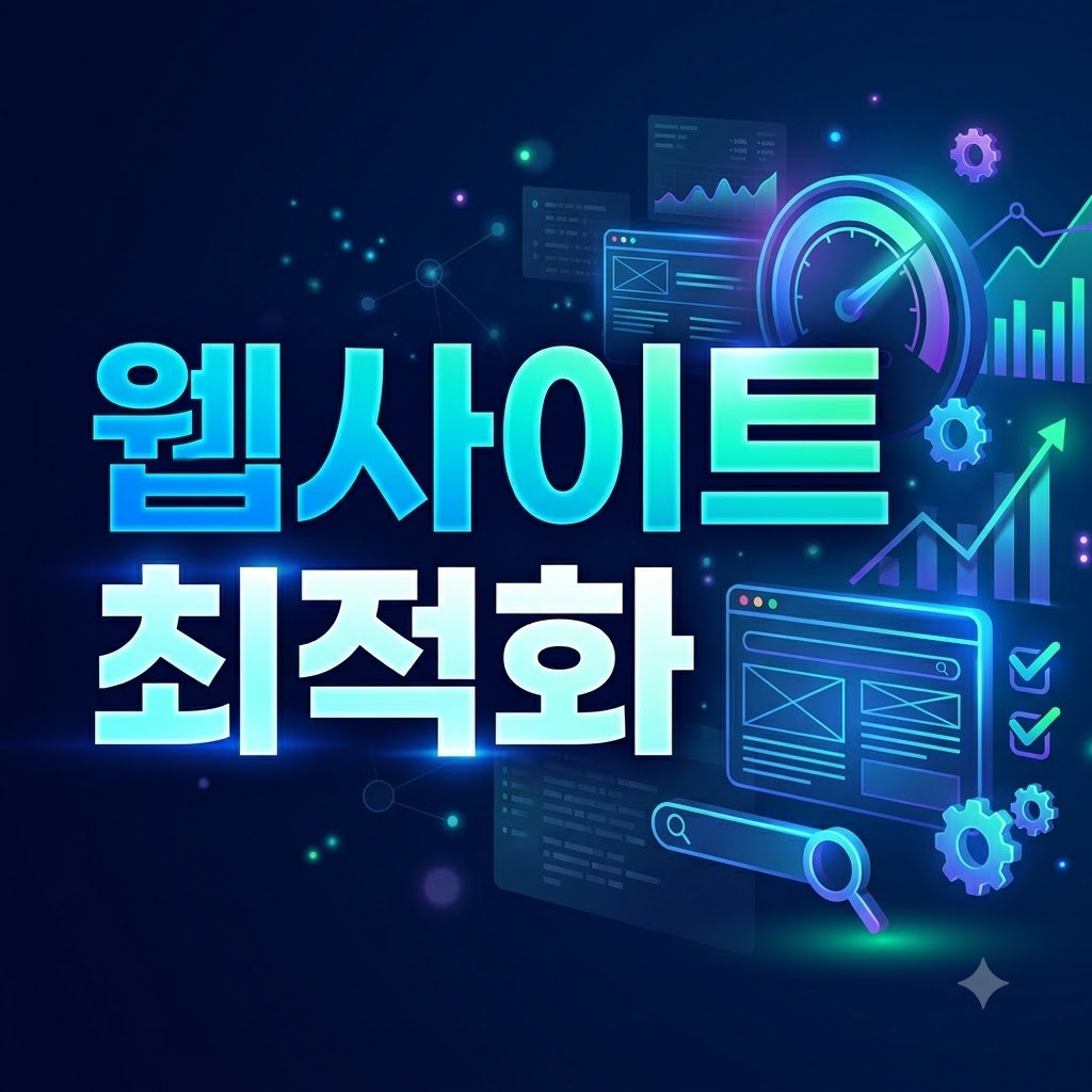 웹사이트 최적화 글자와 속도계, 톱니바퀴 그림